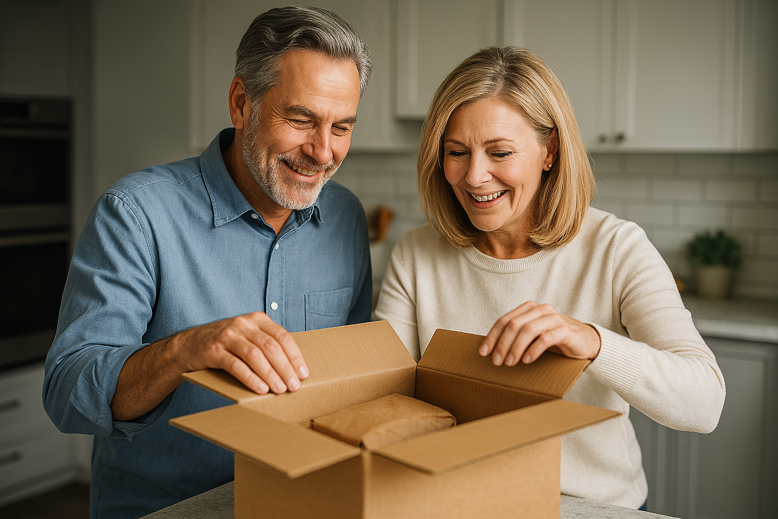 Happy family unboxing food delivery